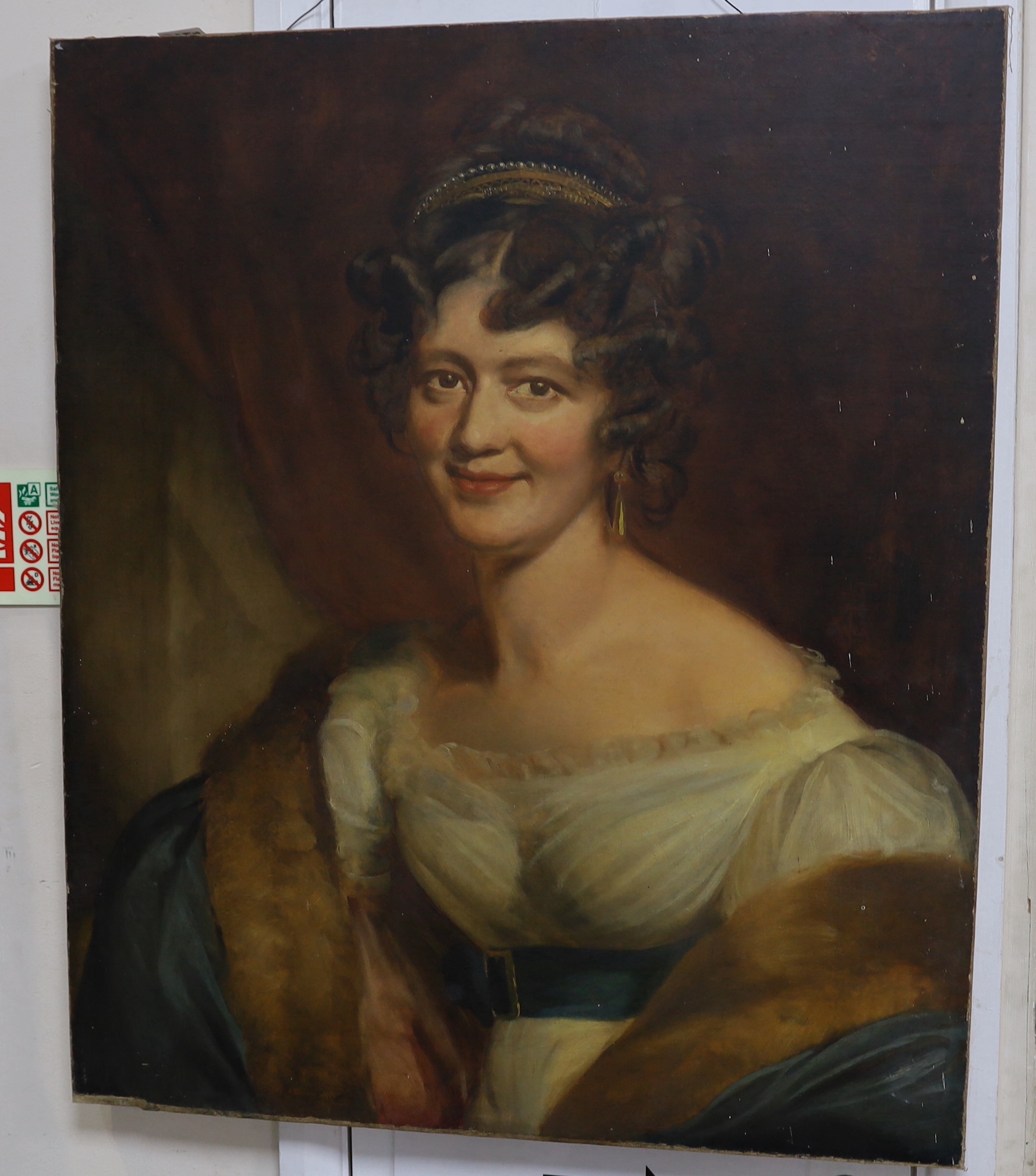 Victorian School, oil on canvas, portrait of a lady wearing 1820’s/1830’s dress, probably overpainted, unframed, 76cm x 63cm